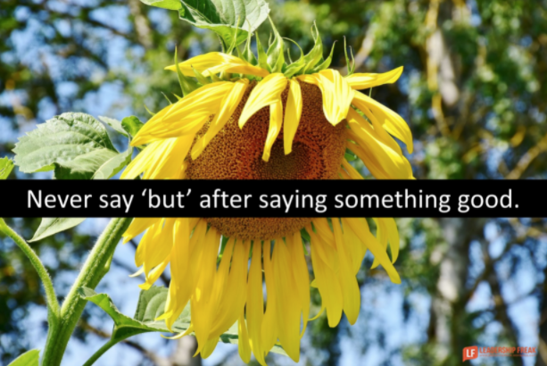 A sunflower droops its head under overlaid text: 'Never say 'but' after saying something good.'