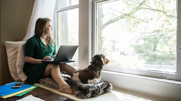 A woman sits in a window nook at home with her dog, working on a laptop