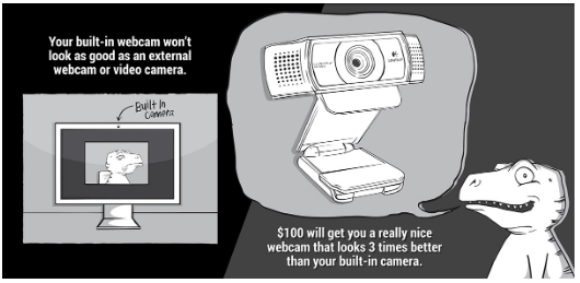 A cartoon showing the benefits of a better webcam