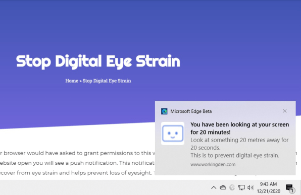 A screenshot of Working Den's eye strain reminder