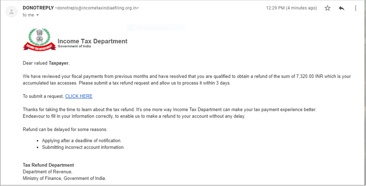 A screenshot of a legitimate email from incometaxindiaefiling.org.in