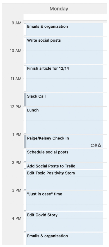 An hourly view of a Monday calendar filled with work tasks