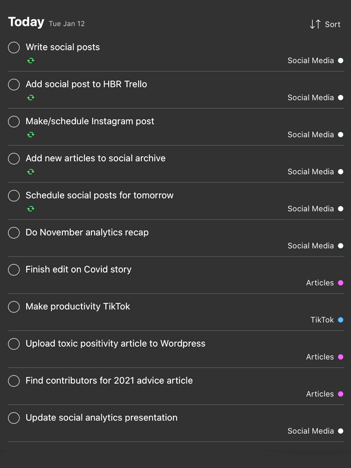 A screenshot of a task manager app listing all the day's to-dos