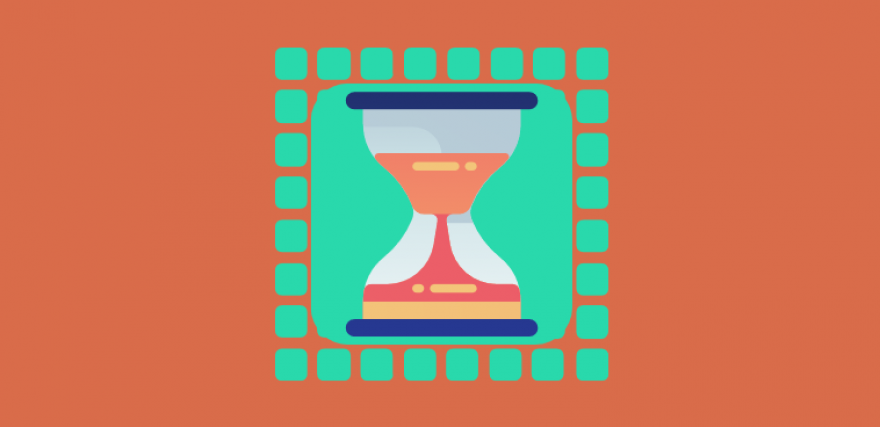 An illustration of an hourglass against a turquoise and orange background