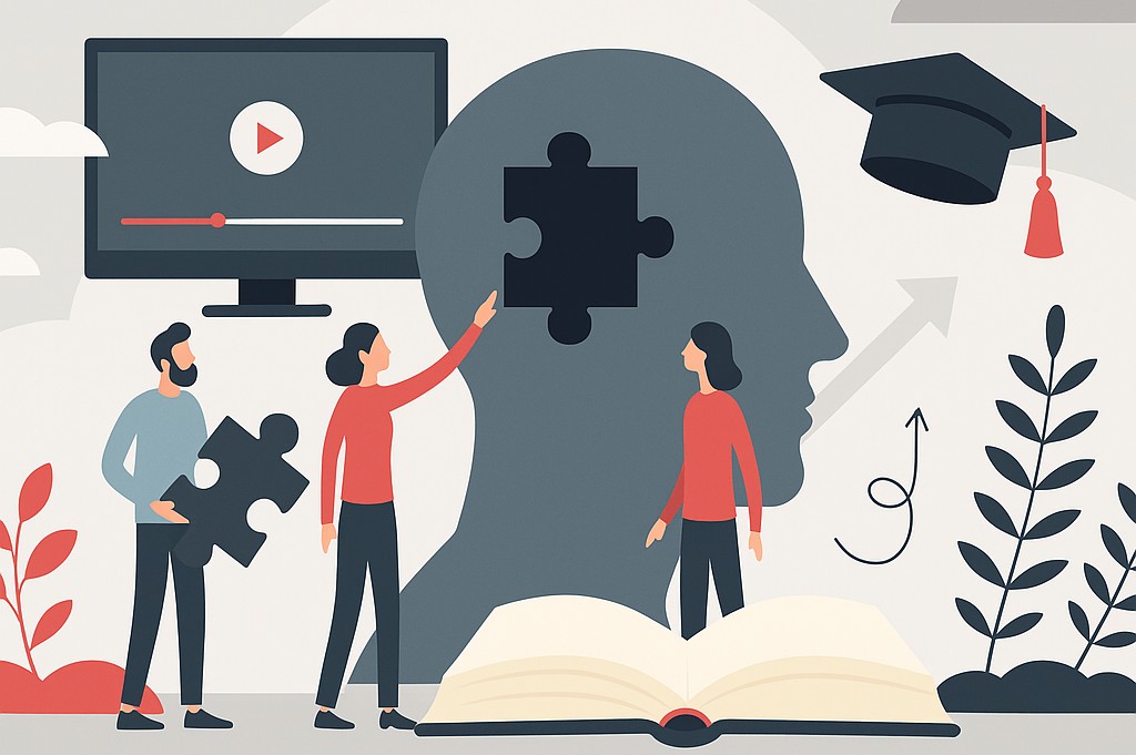 Graphic with people adding puzzle pieces to a head Graphic with people adding puzzle pieces to a head