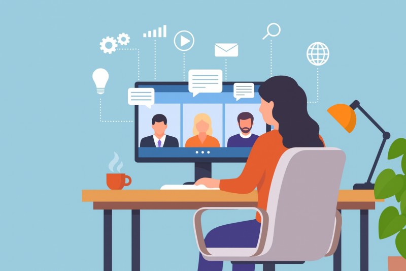 Woman in remote session with others