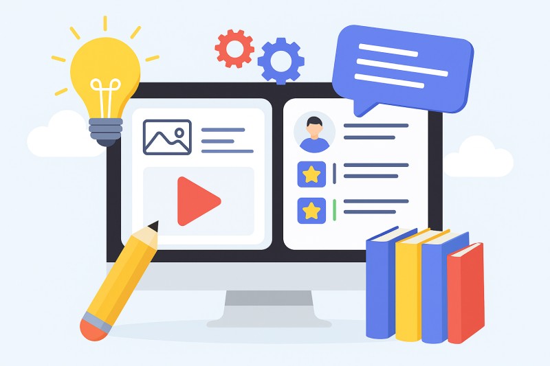 Illustration of online learning with a computer screen showing video and profile content, surrounded by books, a pencil, chat bubble, gears, lightbulb, and clouds.