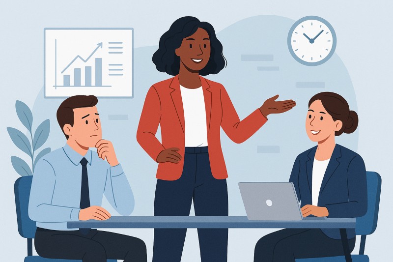 Manager with two team members, one of which is in front of a laptop