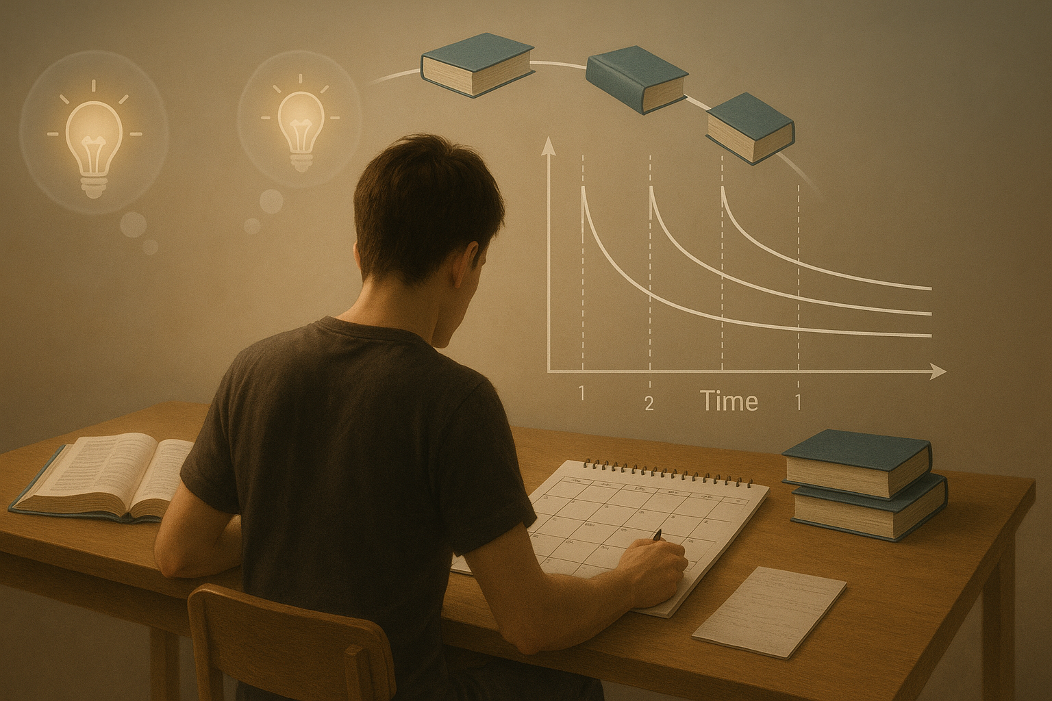 Man sitting at a desk studying. There is a graph illustrating knowledge loss