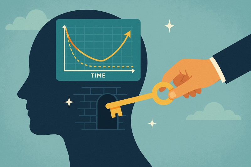 Unlocking Learning Retention A conceptual illustration of a hand unlocking a human head silhouette with a golden key, revealing a graph that transforms the Ebbinghaus forgetting curve into a rising learning curve—symbolizing how reinforcement and continuous learning defeat memory decay.