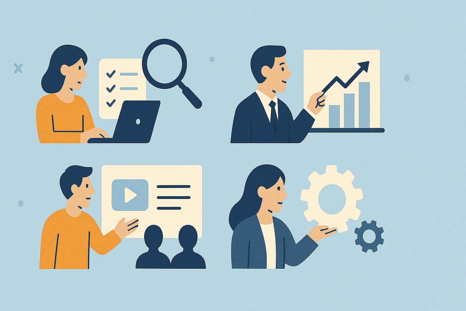 A flat-style illustration showing professionals collaborating in various corporate training scenarios — a woman analyzing data on a laptop, a man presenting a chart, another leading a video-based session, and a woman demonstrating with gears — all in a modern office environment with a blue and orange palette
