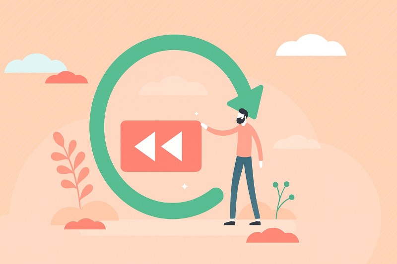 A modern flat-style illustration showing a man standing beside a large circular arrow symbolizing repetition or relearning. In front of him is an open book icon representing review. The background features pastel-colored clouds and plants, creating a calm and balanced atmosphere.