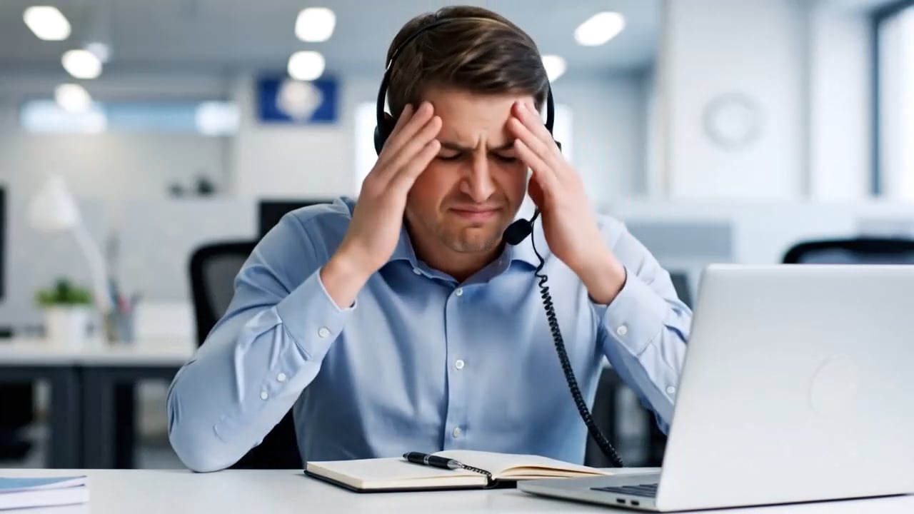 A business professional wearing a headset sits at a desk in a modern office, pressing his fingers to his temples with a pained expression, suggesting frustration or overwhelm during a support call. An open notebook, pen, and laptop are in front of him.
