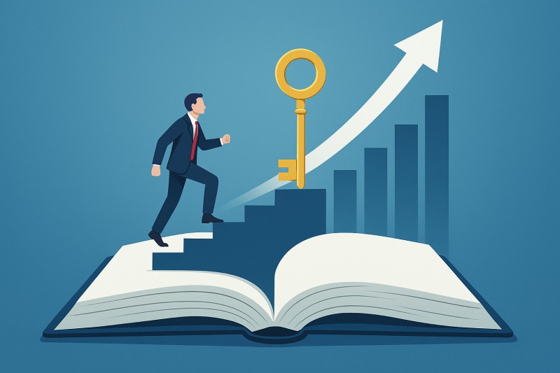 A conceptual illustration of a businessman in a suit climbing a staircase that emerges from an open book. At the top of the stairs is a large golden key, positioned in front of a rising bar graph with an upward-pointing arrow. The background is a gradient blue, emphasizing the theme of learning as a pathway to business growth and opportunity.