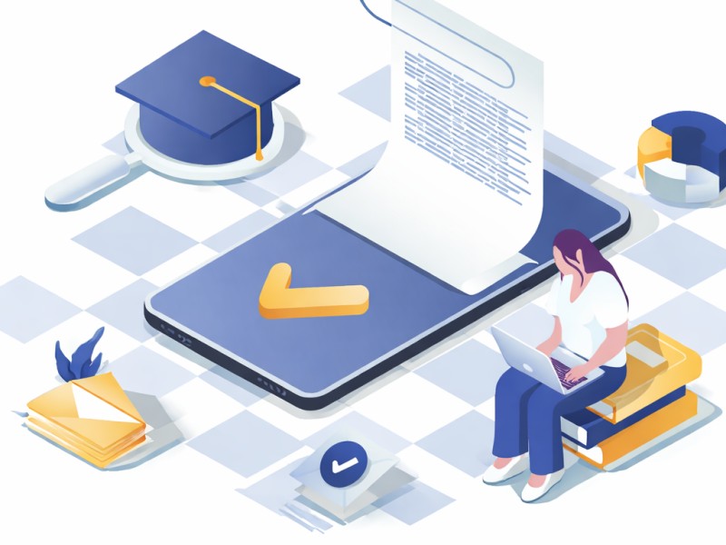 Illustration of a learner using a laptop beside a large smartphone displaying a document and checkmark, surrounded by education and analytics elements such as a graduation cap, folders, and charts, representing digital compliance learning and structured knowledge reinforcement.