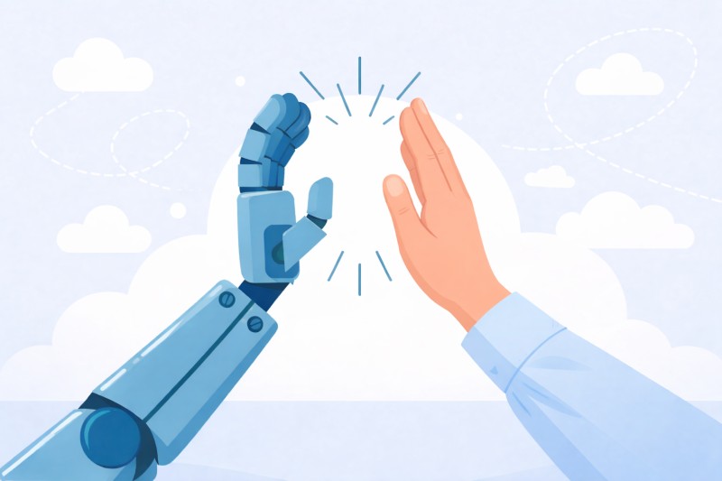 Illustration of a blue robotic hand and a human hand in a light blue long-sleeve shirt reaching toward each other for a high-five, with subtle motion lines at the point of contact against a soft sky background with clouds and a dotted paper airplane trail.