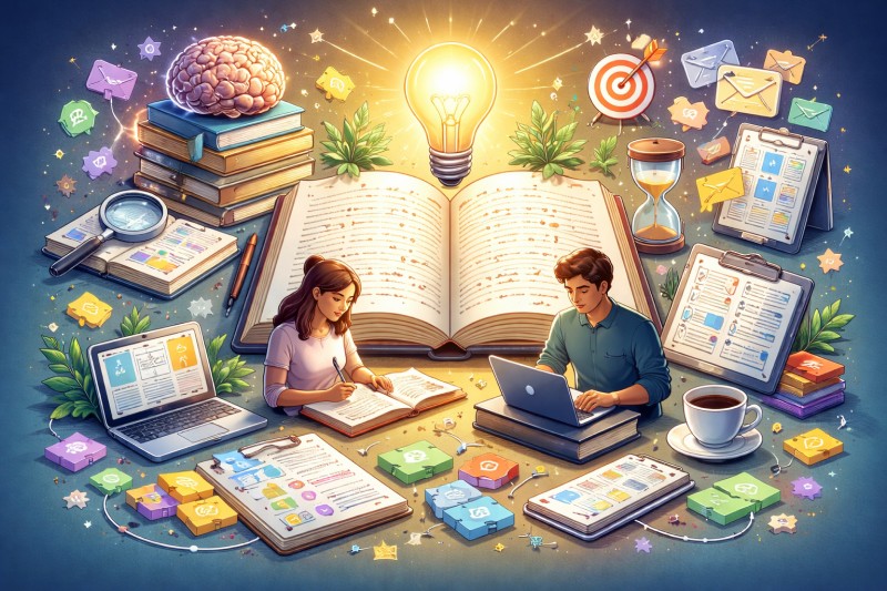 Two learners studying beside an open book, surrounded by symbols of memory and learning such as a glowing lightbulb, brain, checklists, flashcards, and study materials, representing effective knowledge retention strategies.