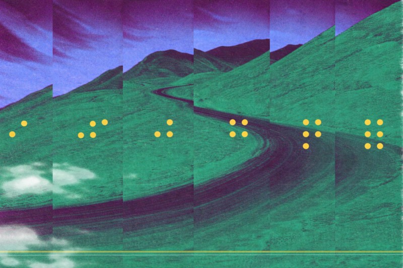 Neon Glitch Road Through Emerald Hills Surreal digital collage of a winding dark road cutting through bright green hills under a purple-blue sky, with glitch-like vertical slices, scattered yellow dot clusters, soft cloud-like smudges, and a thin yellow border framing the image.