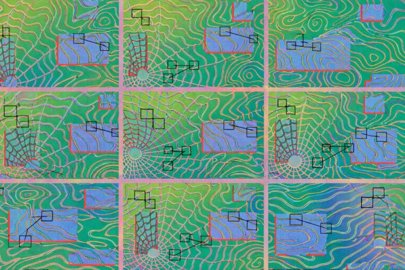 A colorful abstract design featuring flowing contour-like lines in green, blue, and pink, intersected by black outlined squares connected with lines. Several red-bordered blue panels highlight sections of the pattern, creating a layered, map-like composition with a structured yet organic feel.