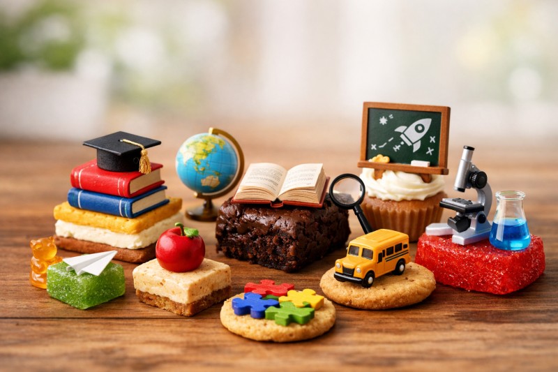 A whimsical arrangement of miniature educational objects placed atop bite-sized snacks, including books on a cracker, an open book on a brownie, a chalkboard on a cupcake, and a school bus on a cookie. Surrounding items include a globe, magnifying glass, pencil, paper airplane, microscope, beaker, and colorful puzzle pieces, all set on a wooden surface with a softly blurred background.