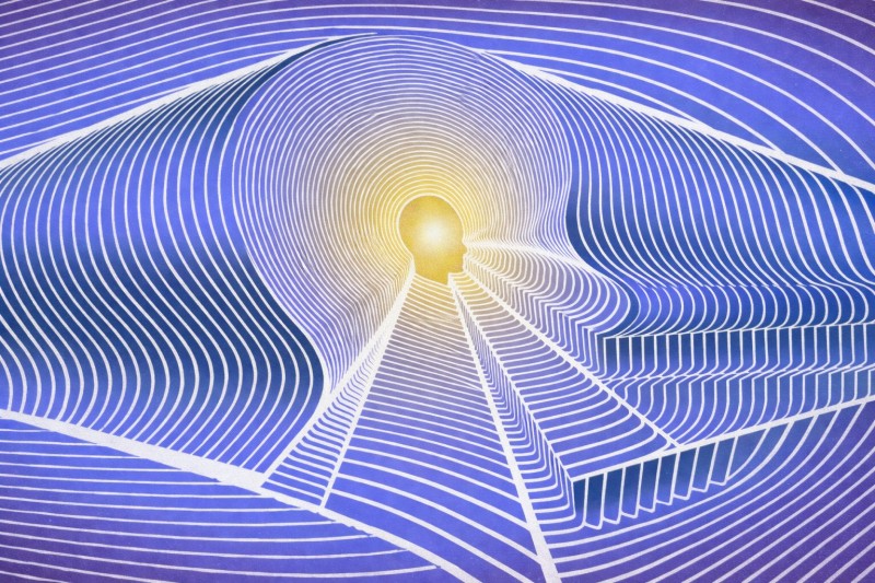 Abstract illustration of layered white contour lines forming a tunnel-like structure that converges toward a glowing yellow center, set against a blue and purple gradient background, creating a sense of depth and forward motion.