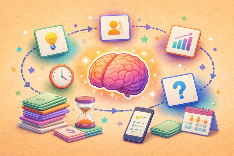 Illustration of a glowing brain at the center of a circular learning cycle, surrounded by flashcards, a clock, calendar, checklist, books, and progress icons connected by arrows to represent spaced repetition and ongoing knowledge reinforcement.
