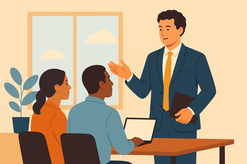 Illustration of a manager standing and speaking to two seated team members in an office setting with a laptop on the table and a window in the background.