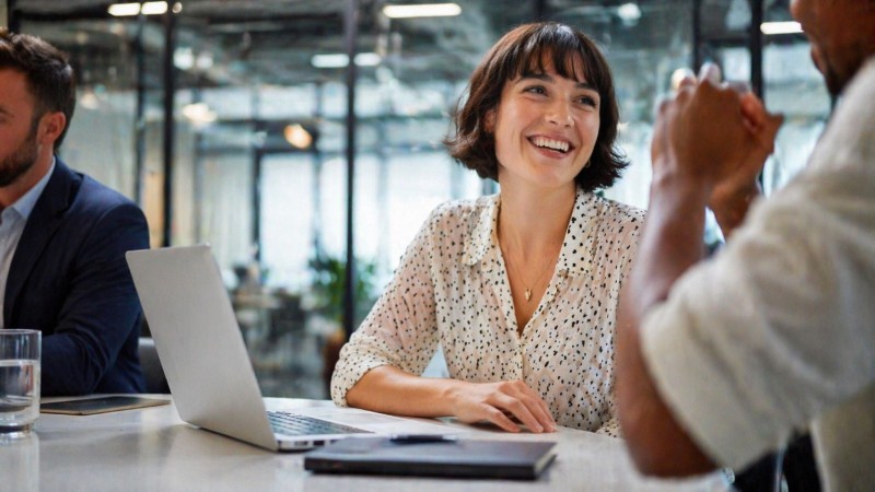 Collaborative Conversation A woman with short black hair smiles while speaking with a colleague across a conference table, with a laptop and papers in front of her in a bright, contemporary office setting.