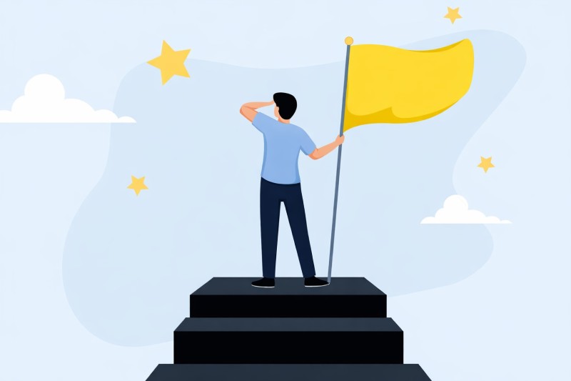 Flat-style illustration of a man standing on stepped podium blocks holding a yellow flag, looking into the distance, with yellow stars and clouds in a light blue sky.