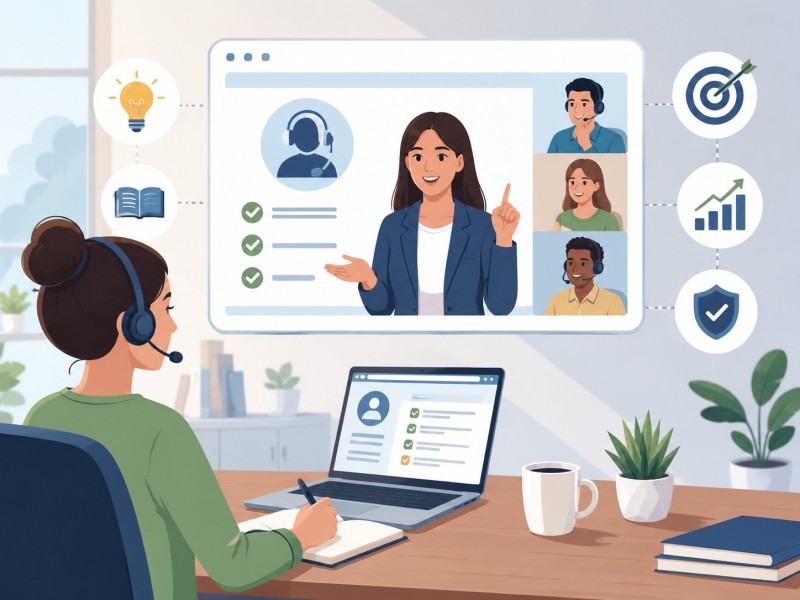 Remote collections agent participating in an online training session from a home office. A trainer appears on a large video conference screen alongside other remote agents, while icons representing knowledge, coaching, performance improvement, goal achievement, and compliance surround the display. The agent wears a headset, takes notes, and follows training content on a laptop, symbolizing best practices for remote collection agent development and performance management.