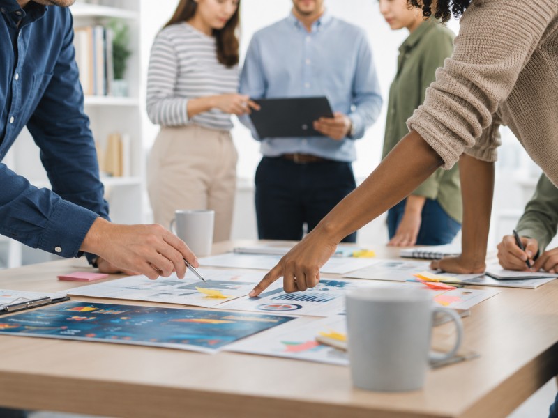 Collaborative Data Review and Planning A group of coworkers gathered around a table reviewing charts and reports, with two team members pointing to data while others collaborate in the background.