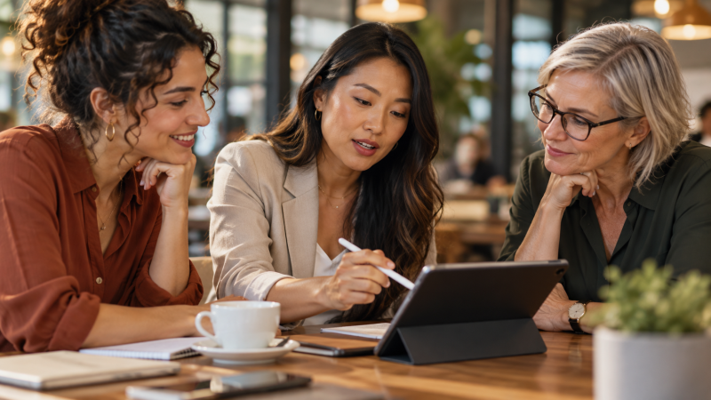Three professionals collaborate around a tablet during a workplace discussion and learning session.