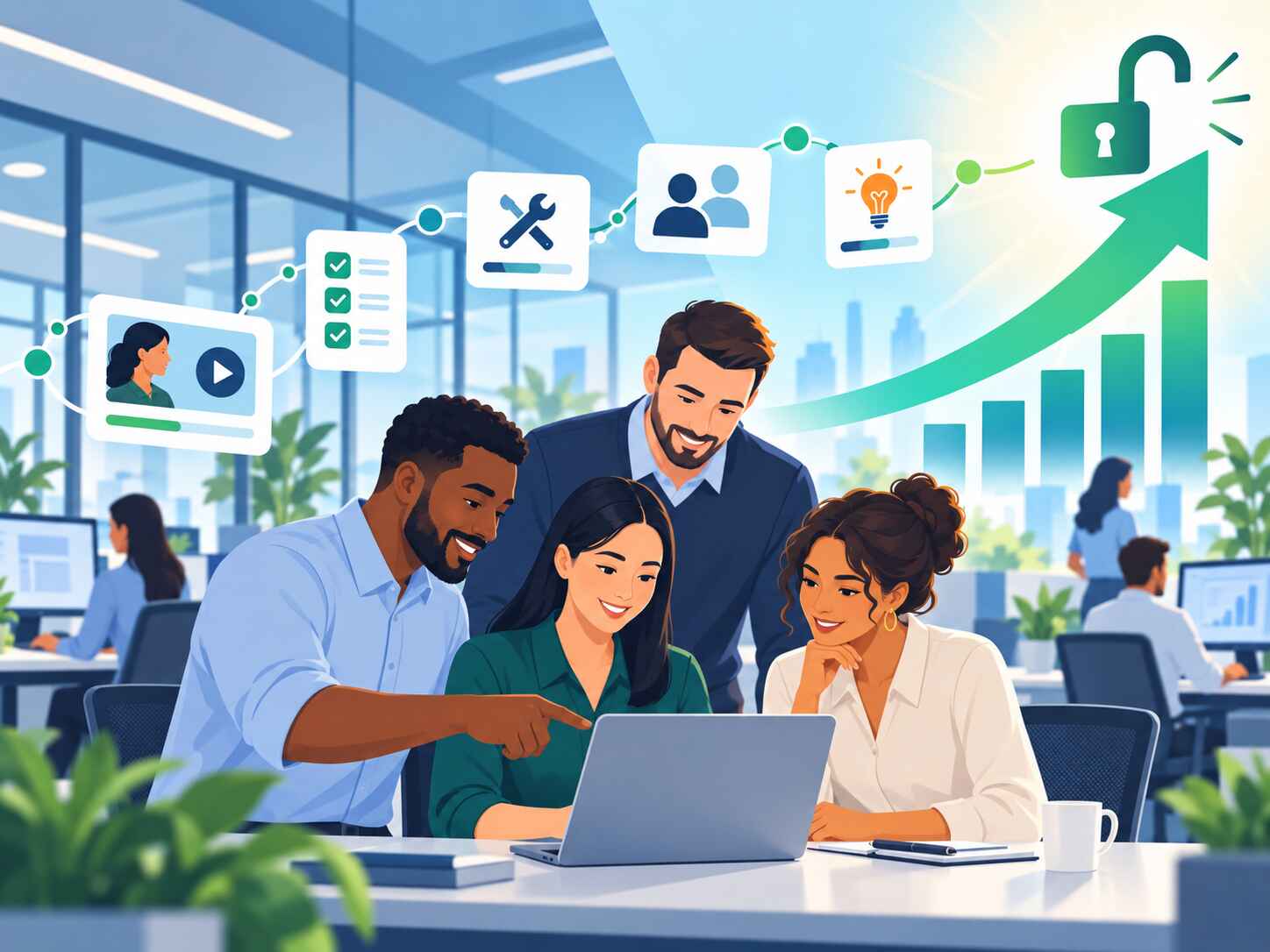 Employees collaborating around a laptop, with training, skills, knowledge, and performance icons leading to an upward growth chart and unlocked potential.