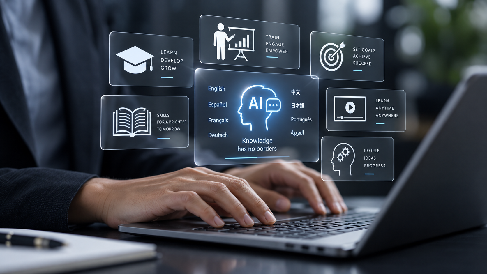 Employee using a laptop with digital icons representing training, knowledge, learning, goals, video instruction, and AI-assisted development.