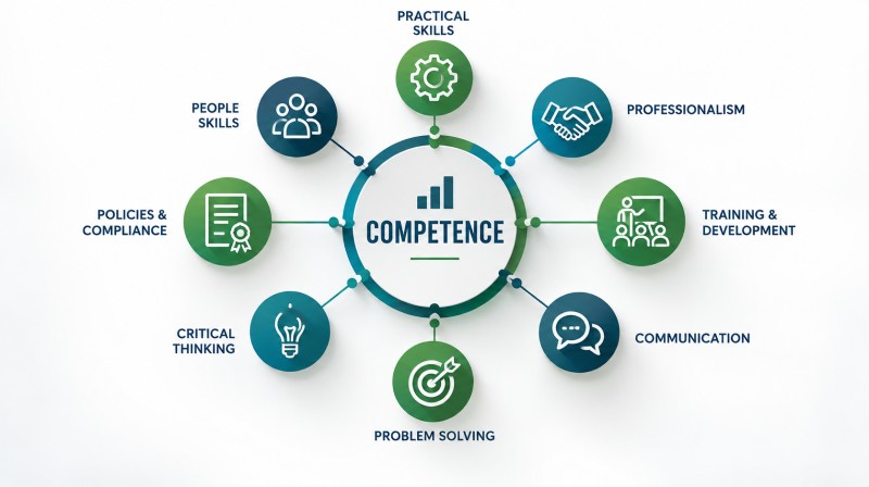The Elements of Employee Competence Diagram showing competence at the center, connected to eight elements: practical skills, professionalism, training and development, communication, problem solving, critical thinking, policies and compliance, and people skills.