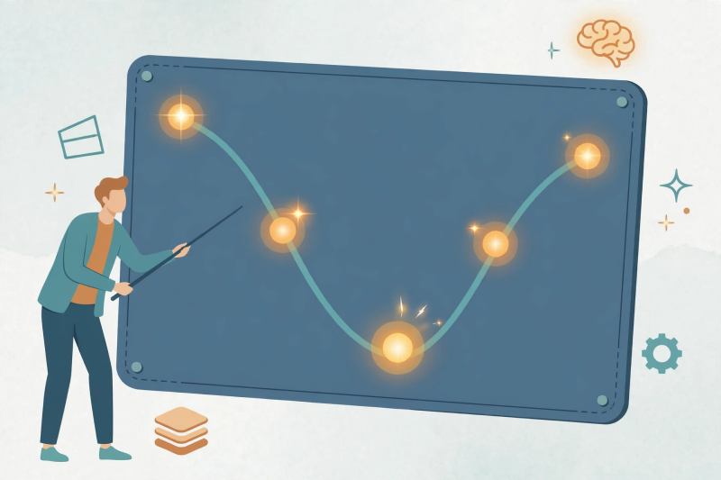 Memory Retention Curve With Review Checkpoints Illustration of a trainer pointing to a large presentation board showing a memory curve lifted by glowing review checkpoint markers.