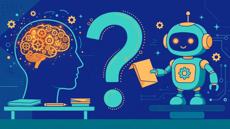 Illustration of a human head silhouette filled with glowing gears and a brain beside a friendly robot holding a finished document, divided by a large question mark.